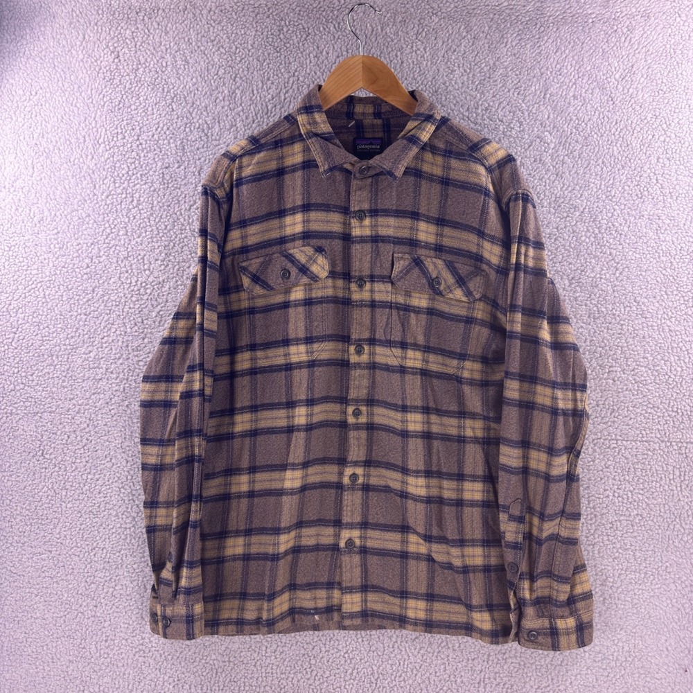 Patagonia Mens Large Organic Cotton Plaid Fjord Flannel Shirt Brown Blue Yellow
